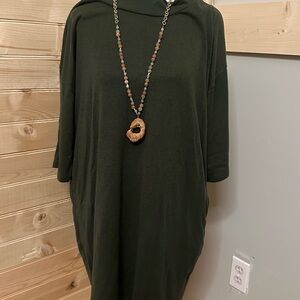 Dark Green Turtleneck Dress with Necklace
